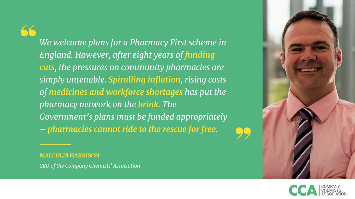 CCApharmacy's tweet photo. 📰The pharmacy network is on the brink of collapse. 

Responding to today’s @Telegraph article, our chief executive says "...𝒑𝒉𝒂𝒓𝒎𝒂𝒄𝒊𝒆𝒔 𝒄𝒂𝒏𝒏𝒐𝒕 𝒓𝒊𝒅𝒆 𝒕𝒐 𝒕𝒉𝒆 𝒓𝒆𝒔𝒄𝒖𝒆 𝒇𝒐𝒓 𝒇𝒓𝒆𝒆." 

#pharmacyhour #workforce #communitypharmacy https://t.co/7xPnVkQJSX