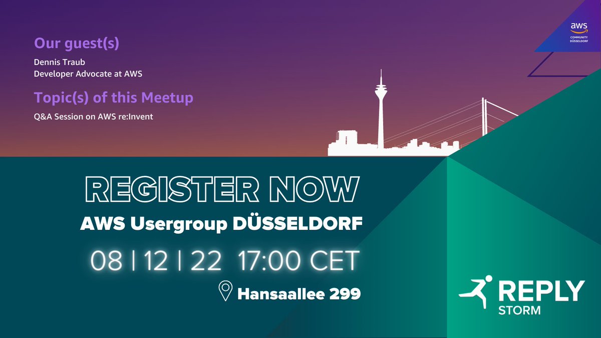 We are so excited about <a href="/AWS_UG_DDorf/">AWS User Group Düsseldorf</a> on December 8th. Dennis Traub, Developer Advocate at AWS, will share all the latest news from the re:Invent, answering our questions.

🗓08.12.2022
🕔 17:00
📍 Hansaallee 299

Register now 🤓👉 lnkd.in/eHHDRKjN

#CloudComputing #AWS