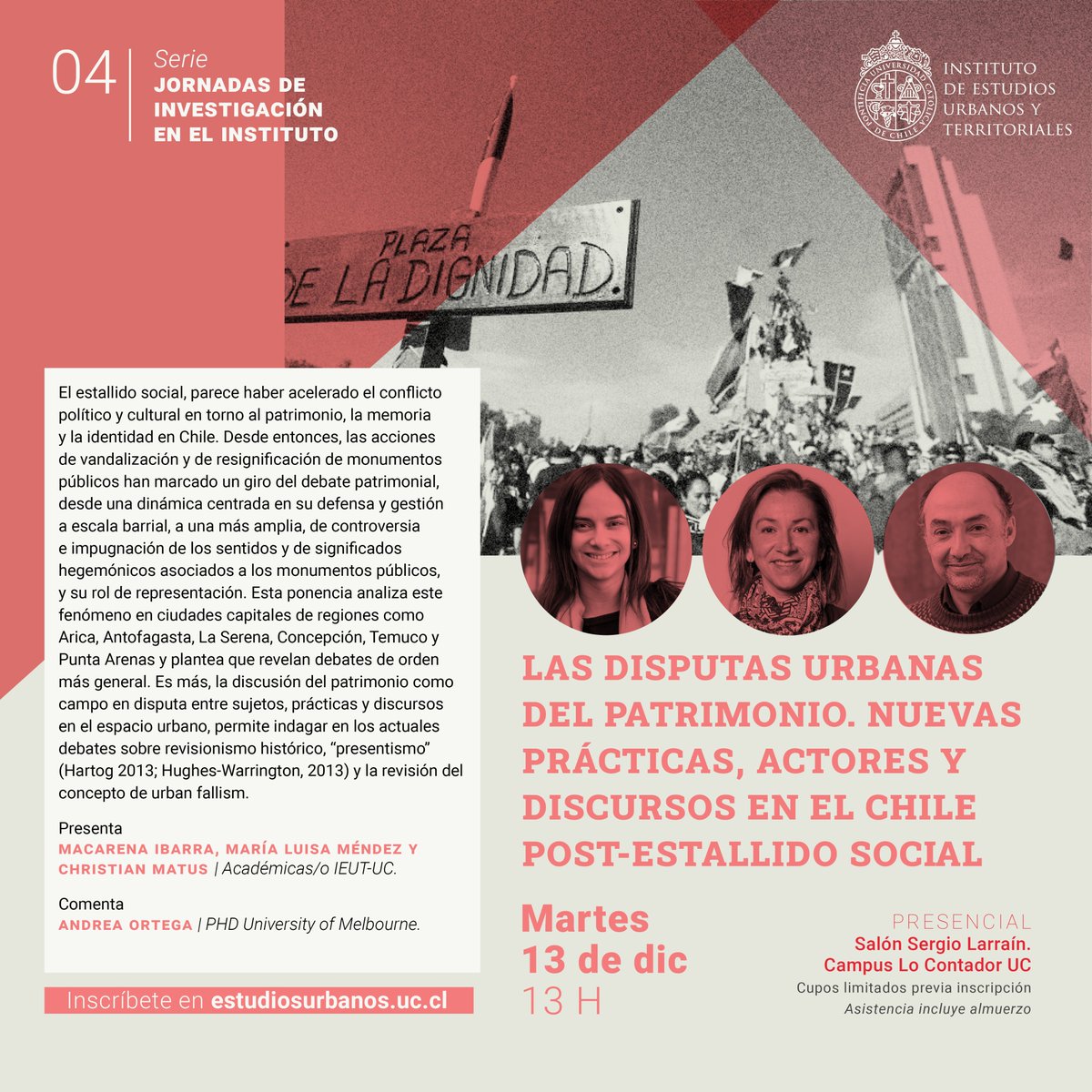 IEU_T's tweet photo. ⚡️¿Qué hay detrás del Urban Fallism o vandalización del patrimonio? 🧐
Te invitamos a conversar sobre el conflicto urbano que impugna y derriba los relatos históricos plasmados en estatuas.
Martes 13 dic / 13 H.
Campus Lo Contador @FADEU_UC
🟢Inscríbete: https://t.co/CoYhxt0SGH https://t.co/OjqvlhDT76