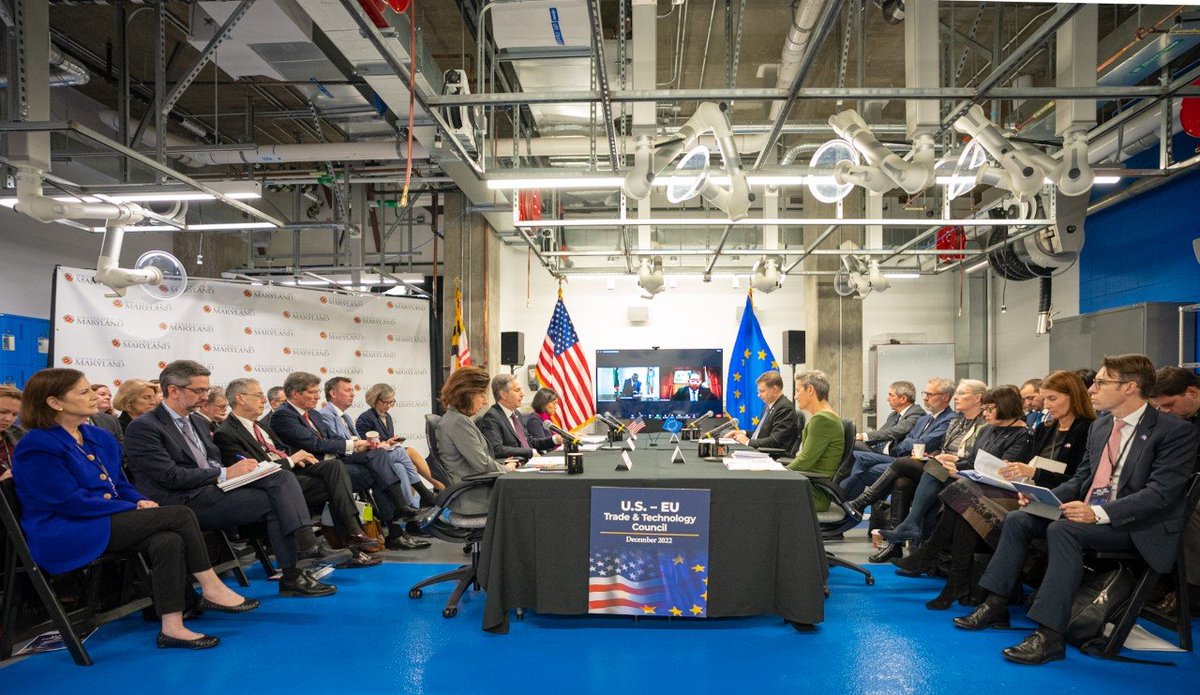 SecBlinken's tweet photo. Delighted to host the third TTC ministerial at @UofMaryland College Park. Today's discussion demonstrated that democratic and market-oriented approaches to trade, technology, and innovation can expand not just Transatlantic prosperity but global prosperity as well. https://t.co/aJ7Zn6H0MC