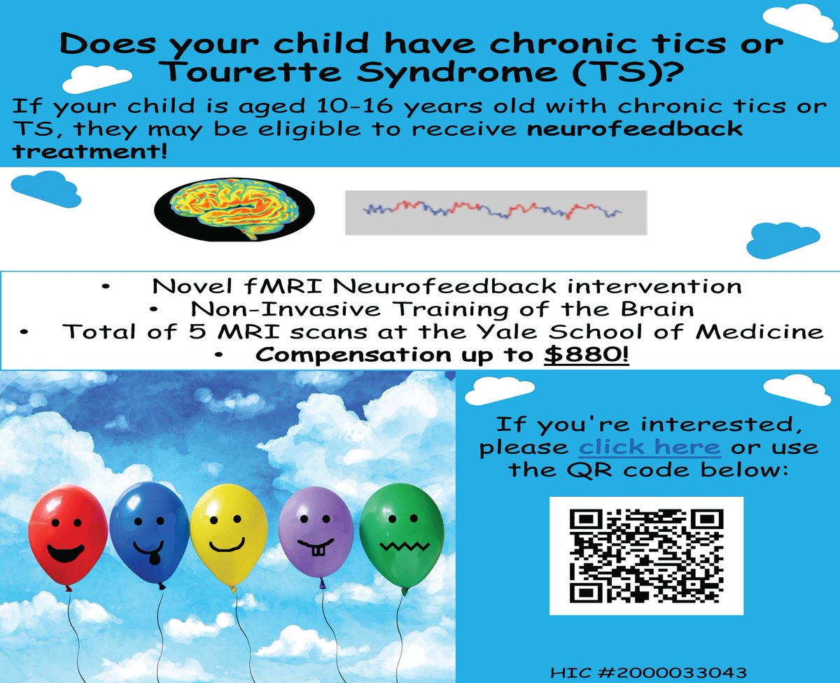 We are seeking research participants to evaluate neurofeedback as a new treatment for Chronic Tic Disorder or Tourette Syndrome! 

If you're interested, please click this link:
yalesurvey.ca1.qualtrics.com/jfe/form/SV_6Q…

If you have any questions, please contact us at hampson.lab@yale.edu