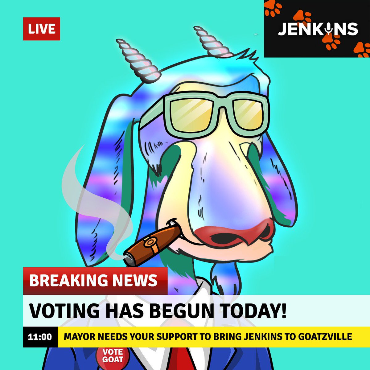 MaisonDeGOAT's tweet photo. To our @jenkinsthevalet NFT Holders! Here's some reasons to Vote GOATz today at https://t.co/XFD7MhkIt1

✅ Most Characters Created 195+
✅ Allows for PFP Customization
✅ Been around for 18+ Months
✅ Engaged and Creative Community
✅ GOATzVILLE is one hell of a place to visit! https://t.co/YdJdnsmIp1