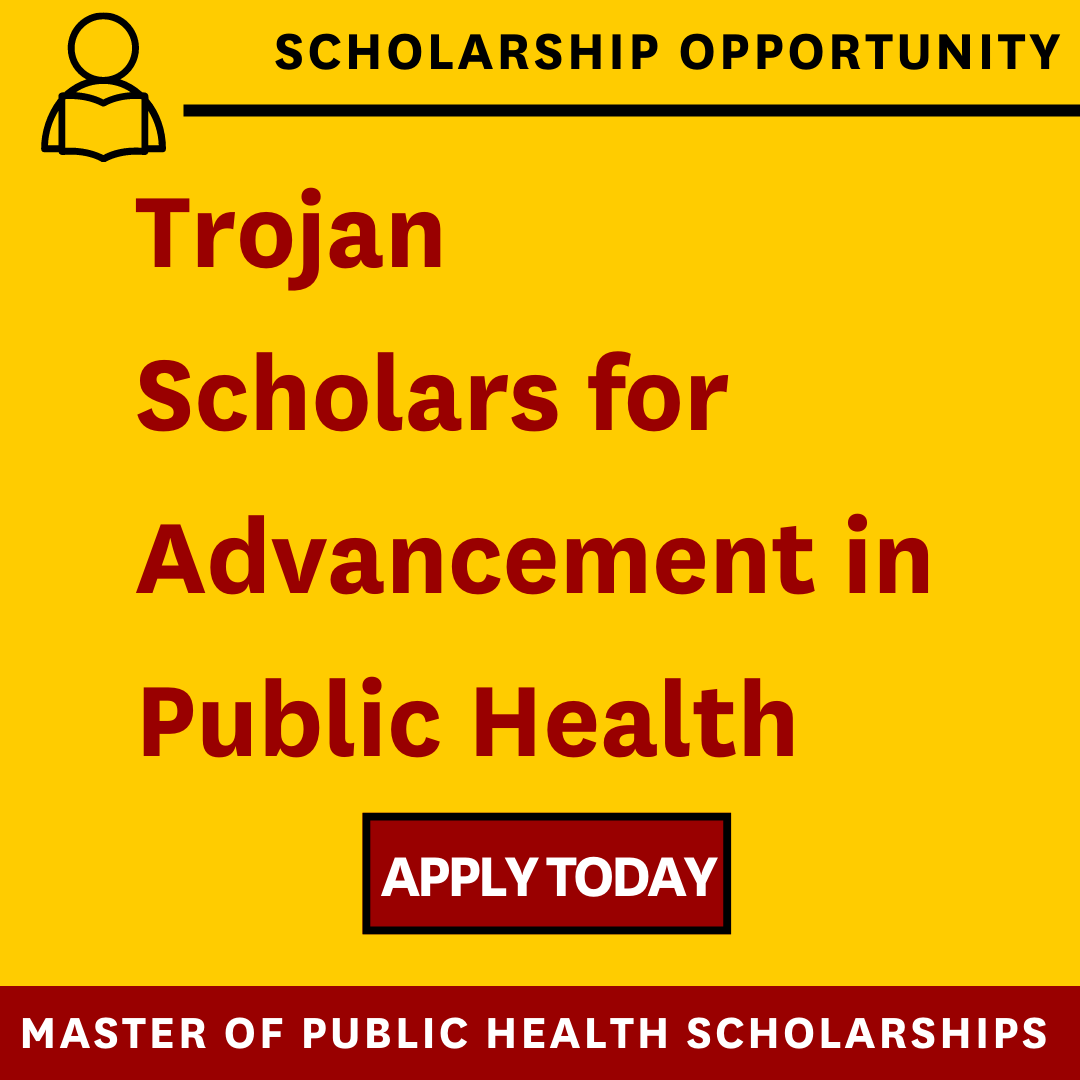 USCGradAdm's tweet photo. Introducing Trojan Scholars for Advancement in Public Health (TSAPH). We're thrilled to offer scholarships toward our Master of Public Health program. Apply today! https://t.co/IcKa0RRQB2
https://t.co/U7OvSfZN4c #uscmph #mph #scholarships #publichealth https://t.co/8zTvbaYrkq