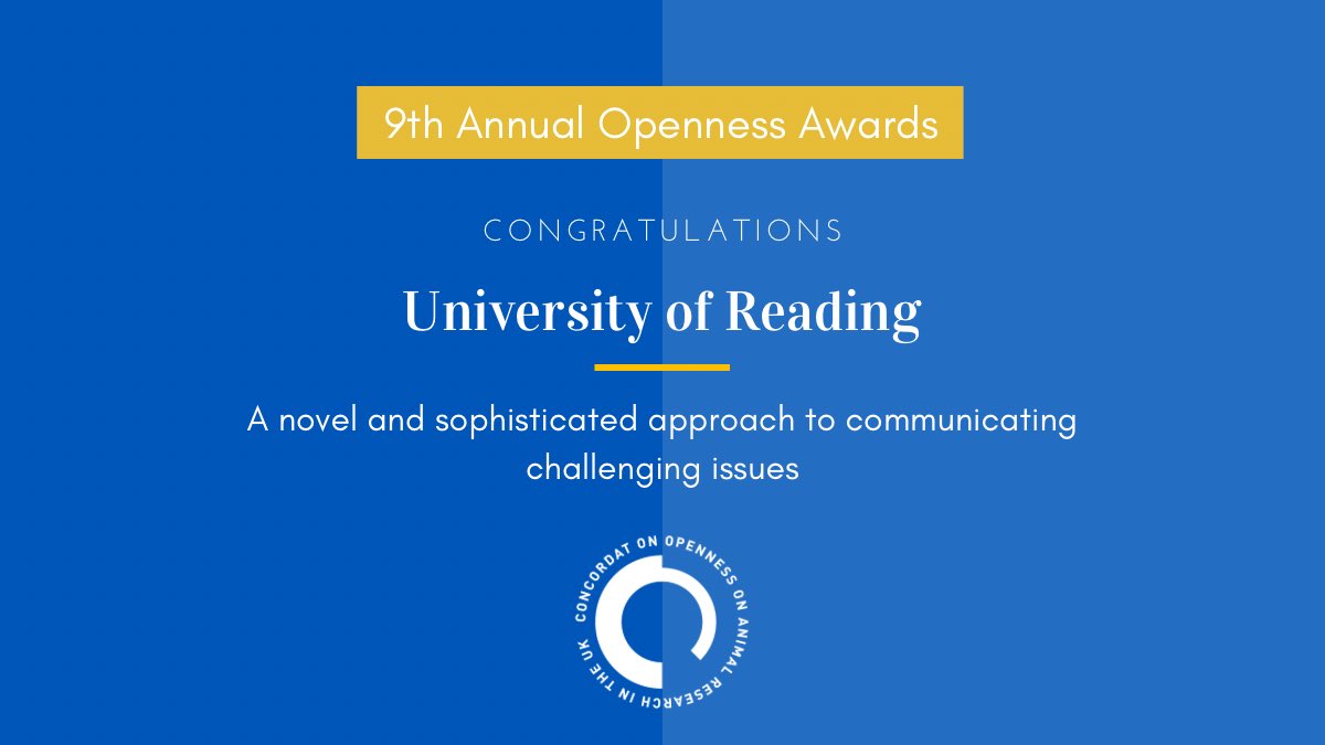 The 9th Annual Openness Awards | Award Winners 🏆

Congratulations <a href="/UniofReading/">Uni of Reading</a> for their novel and sophisticated approach to communicating challenging issues #AnimalResearch #ConcordatOpenness