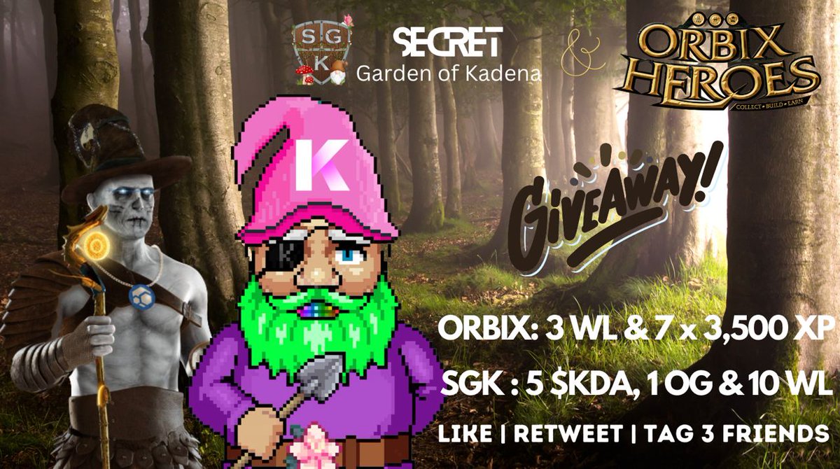 Check out our latest giveaway with @kdasecretgarden, lot's of prizes!

5 $KDA, 1OG &amp; 10 WL from SGK &amp; 3 WL &amp; 7 x 3,500 XP from us

To enter:
🖱Follow <a href="/OrbixHeroes/">Orbix Heroes</a> &amp; @kdasecretgarden
❤️Like
🌀Retweet
👥Tag 3 friends
⭐️Join the fam
*dsc.gg/orbixheroes
*discord.gg/Z3KM9XkWfS