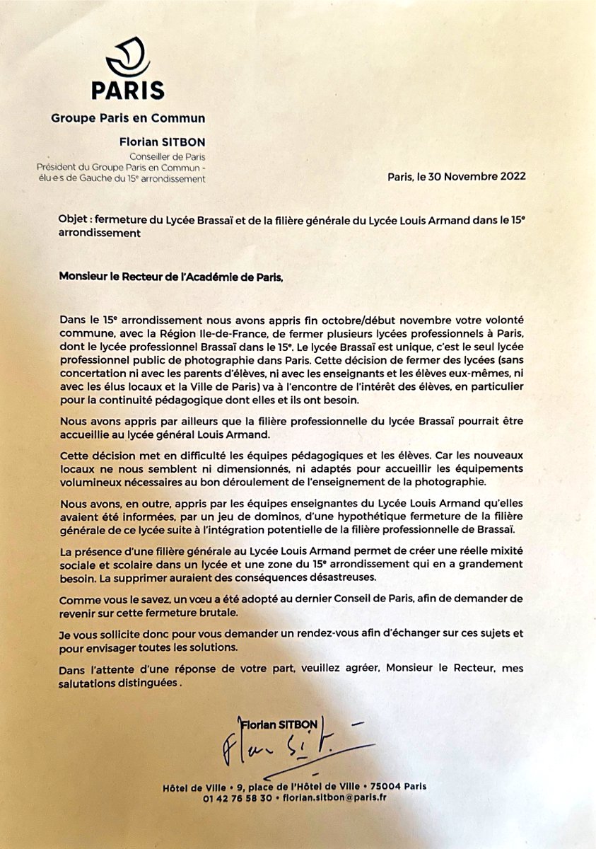 FlorianSitbon's tweet photo. ❌NON à la fermeture du Lycée Brassaï décidé à la va-vite par la région @iledefrance !

❌NON à la fermeture de la filière générale du Lycée Louis Armand !

@PapNdiaye, 
@valeriepecresse,
il est encore temps de préserver la mixité scolaire dans le 15e !

👇Ma lettre au rectorat https://t.co/Nl7CKz2pvF