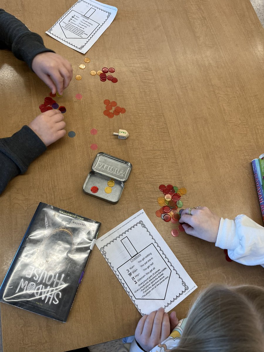 Leaning into the holiday excitement in the Library - firsties learning to spin dreidels, 5ths actually playing. #wcsdlibs @MyersTigersRoar @WCSDEmpowers #Hanukkah #dreidels #librarylove