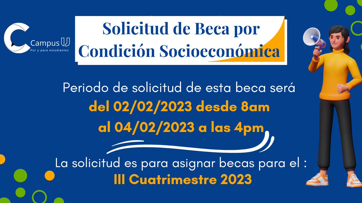 CampusU_cr's tweet photo. 🔔Solicitud de beca socioeconómica
🗓️ 02 febrero de 8am al 04 de febrero las 4pm
📲Modalidad: trámite 100% virtual.
🧾Solicitud: ingresa a la página principal de la UNED https://t.co/RtK8HO6GMa en el banner informativo encontrara  la información “Solicitud de beca socioeconómica” https://t.co/MozN93lSF4