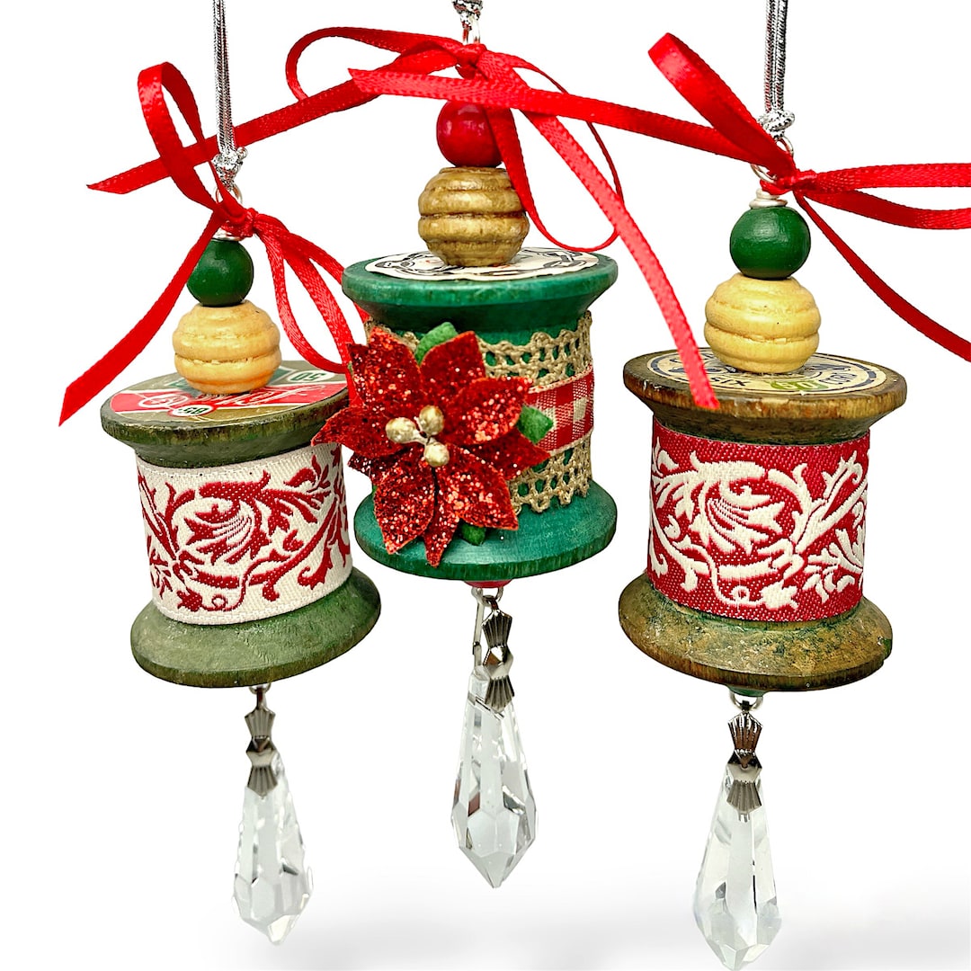 NEW!!! Vintage Wood Spool Ornament Gift Set of 3, One-of-a-kind - Etsy buff.ly/3P4KYqI #chirstmas #GiftIdeas <3