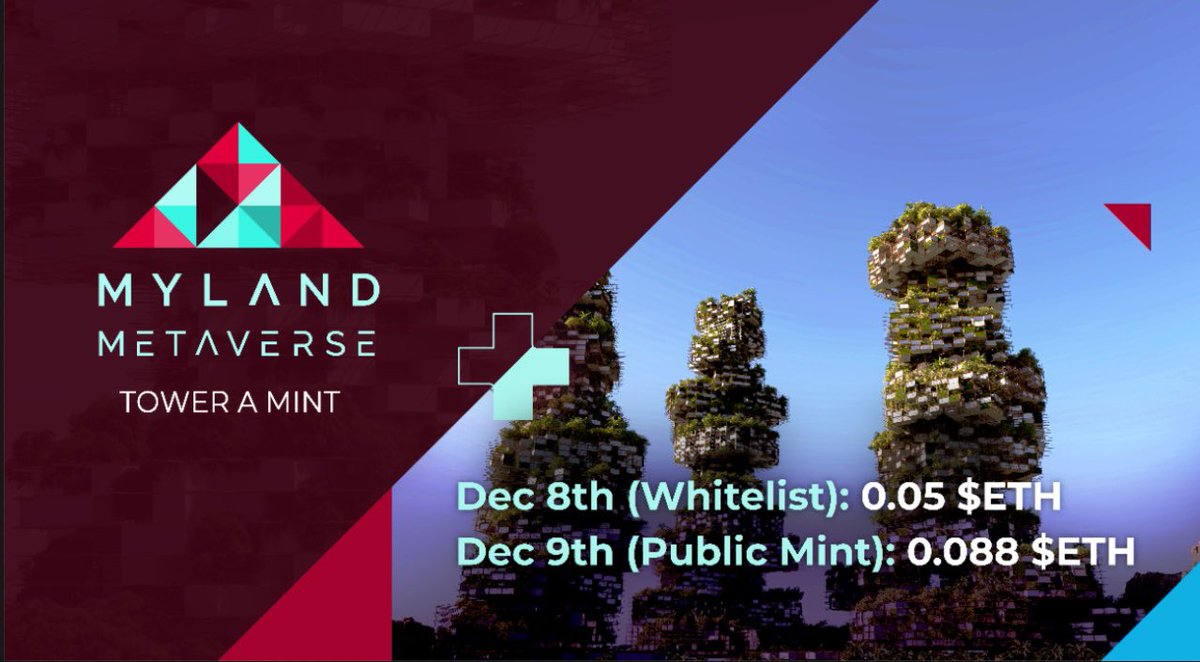 MylandMetaverse's tweet photo. 3 DAYS UNTIL MYLAND’S TOWER A MINT!

The whitelist will start mint on Dec 8th for 0.05 $ETH. On Dec 9th we will open public mint and it will cost 0.088 $ETH.

There are benefits for minting a unit in Tower A. Join Discord to check the information: https://t.co/K5FHnLTm1C https://t.co/7W9RWvEyMz