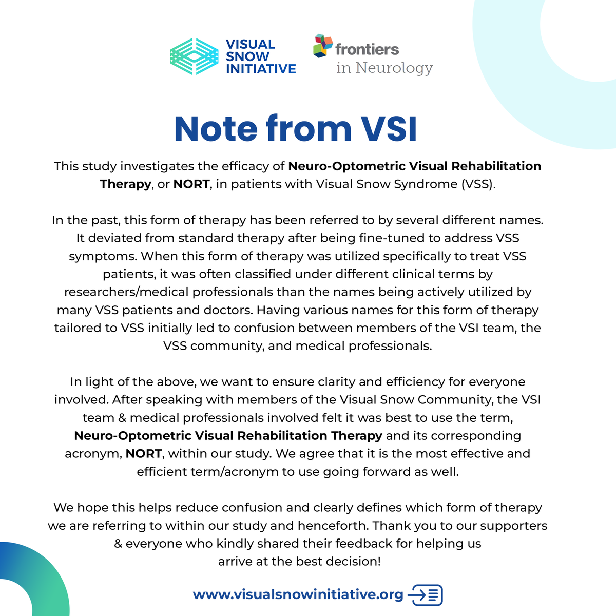 Today is the day! 🎉

“ The Efficacy of Neuro-Optometric Visual Rehabilitation Therapy in Patients with Visual Snow Syndrome” is now available online and published in the journal, @Frontiersin_ 📖 

Thank you so much for your patience and support 💚
Link: tr.ee/jUJ6Wr-Kr5