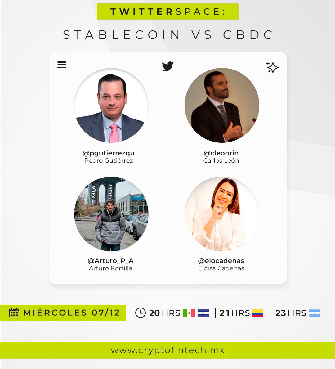 Quiénes dominarán en el mundo financiero: ¿#CBDC o #Stablecoin? 

Tendremos un SUPÉR #TwitterSpace con verdaderos expertos en el tema:  <a href="/cleonrin/">Carlos León</a>🇨🇴 <a href="/Arturo_P_A/">Arturo Portilla</a>🇲🇽 <a href="/pgutierrezqu/">Pedro E. Gutierrez Q.</a>🇻🇪 <a href="/elocadenas/">Elo</a>🇲🇽

📆7/DIC - 20 HRS 🇲🇽|21 HRS 🇨🇴
x.com/i/spaces/1DXGy…