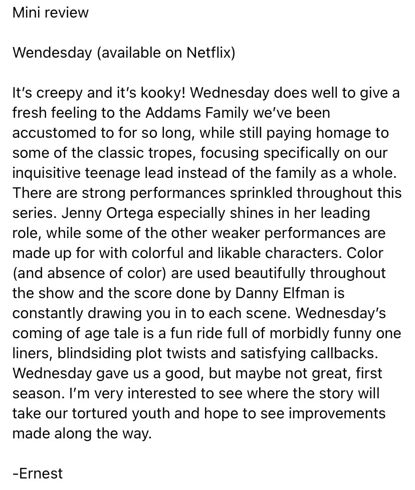 isstorytelling's tweet photo. Mini review for #wednesdaynetflix streaming on #Netflix https://t.co/KnrUqGGAl2