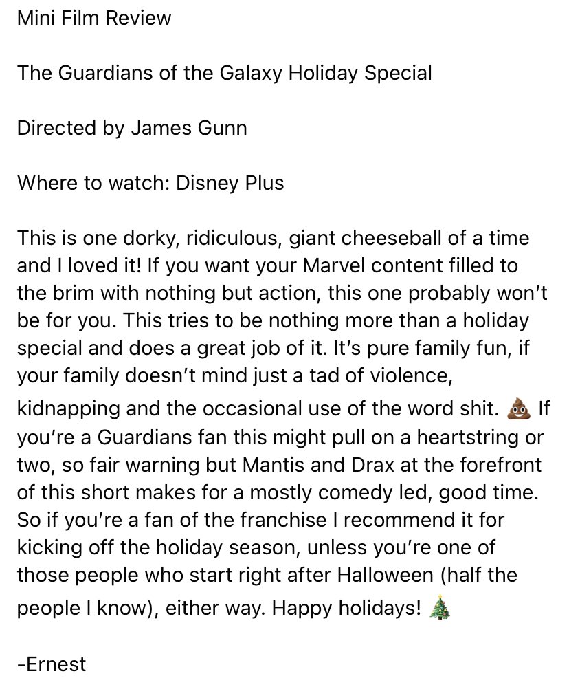 isstorytelling's tweet photo. Mini review for the #GuardiansoftheGalaxyHolidaySpecial  streaming on #Disneyplus #MCU #MarvelStudios https://t.co/wNnndnmN7g