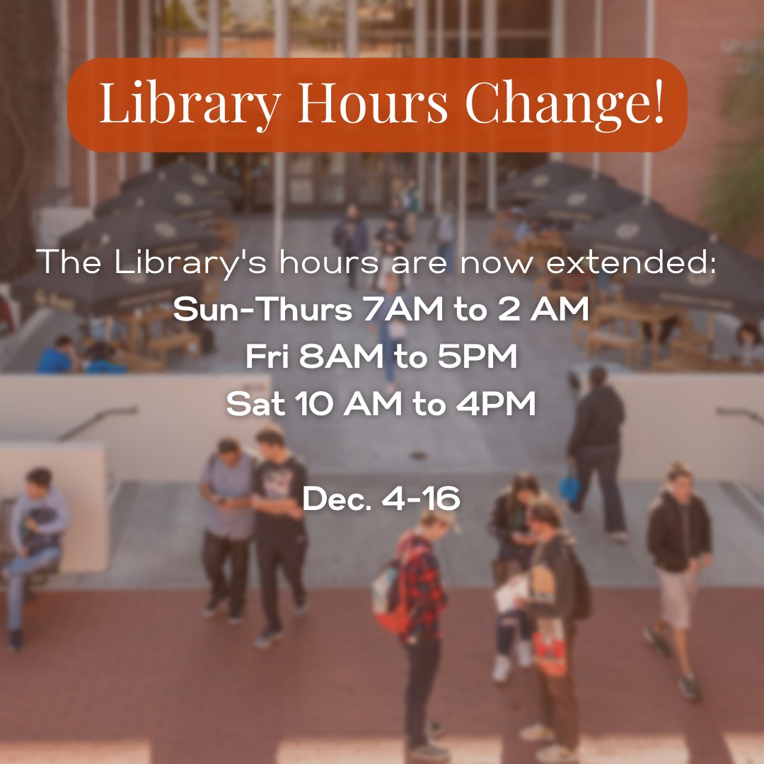 csulbcla's tweet photo. Cramming for finals? The Libraryโs hours have now been extended for finals week. Happy Studying! ๐
Follow the link for the full university library website-https://t.co/USiHI191Wr
#csulb_cla #csulb_library #GoCLA #Finals22 https://t.co/DpIPCrH2v8