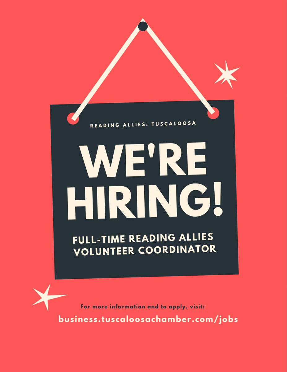 ReadingAllies's tweet photo. Have you heard the news? Due to the exponential growth of Reading Allies programming in Tuscaloosa, the Tuscaloosa Education Foundation is hiring a full-time Reading Allies Volunteer Coordinator 🎉

To learn more about the role and how to apply, visit https://t.co/Zrt1WZ46pc. https://t.co/8Gl775ay8R