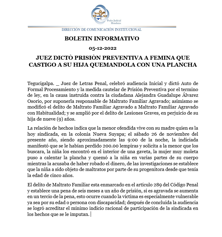 Juzgado Penal de la ciudad de Tegucigalpa dictó prisión preventiva para la mujer. 