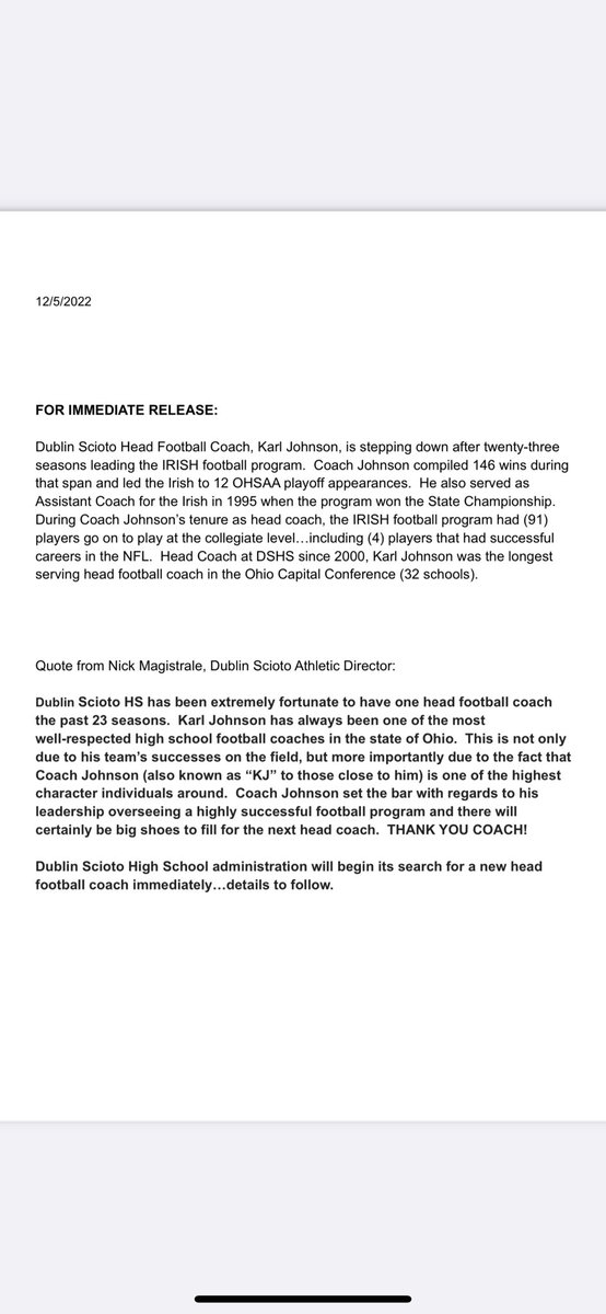 Dublin Scioto High School head football coach, Karl Johnson, will be stepping down after 23 seasons…THANK YOU Coach Johnson!