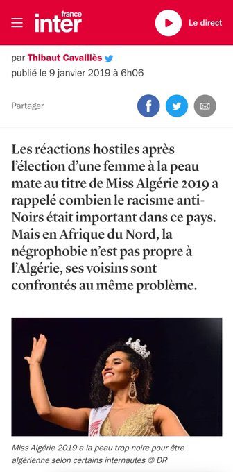 Crl_Johnson's tweet photo. Sans trop rentrer dans les détails, il faut comprendre que ce racisme est institutionnalisé.

Miss algérie 2019 a été dénigrée car elle avait le teint un peu trop foncé au goût des algériens.

Sans parler du traitement inhumain réservé aux migrants, notamment au Sud du pays. https://t.co/pv8meV5bMw