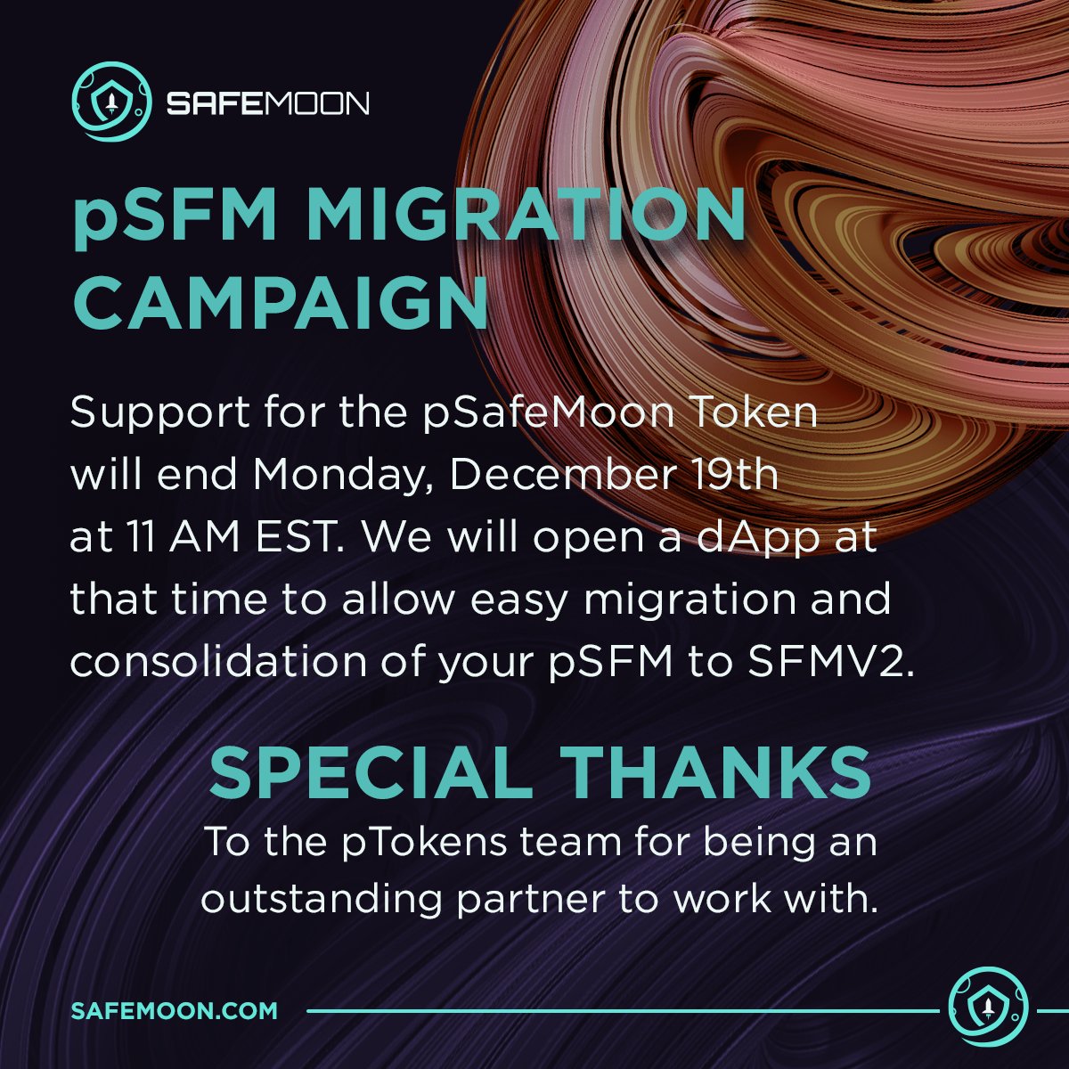 SafeMoon's Partnership with pTokens will be coming to its natural end.

Thank you to <a href="/pNetworkDeFi/">pNetwork 🦜</a> for the collaboration and being an amazing partner!

#SAFEMOONARMY #SAFEMOONWALLET