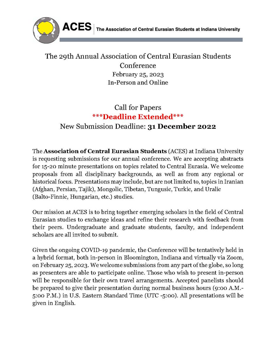 ACES_IUB's tweet photo. Deadline Extension: Submit your abstracts for the 2023 ACES conference by December 31! Email your submission and any questions you may have to aces@iu.edu https://t.co/Q5H37pZXCG