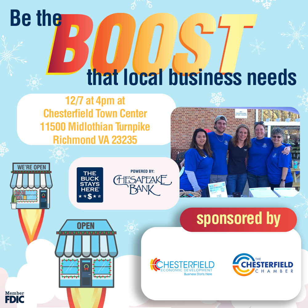 CVASmallBiz's tweet photo. YOU’RE INVITED to Chesterfield Town Center on Wednesday, Dec. 7th at 4 p.m. as we continue to BOOST Chesterfield area local businesses. We’ll be selling $50 gift cards for just $25! DETAILS:https://t.co/B9N6TdVC2c Card purchases only; no cash or check accepted. https://t.co/cv7Uiz59HX