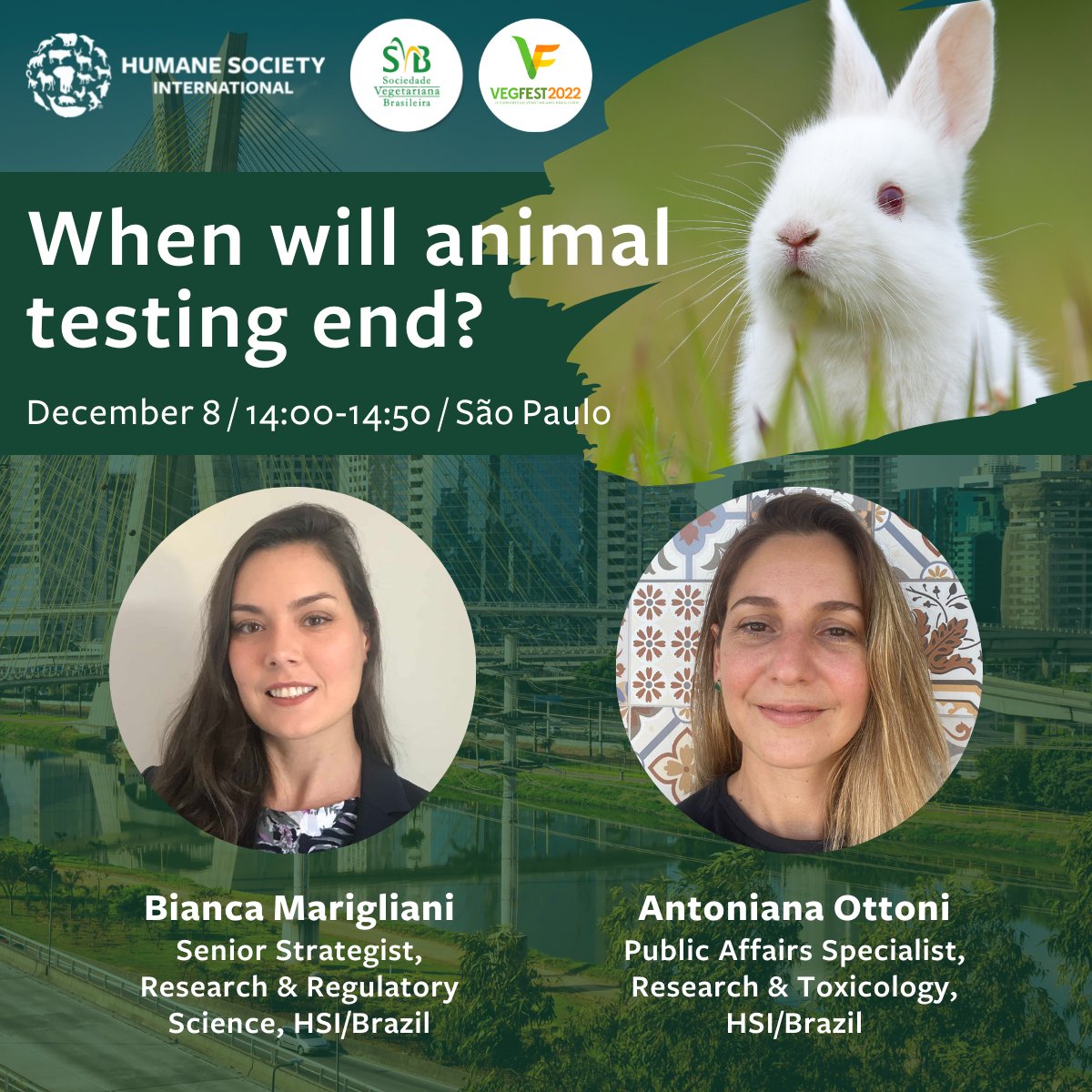 humaneworldeat's tweet photo. 📢 Our Senior Strategist, Bianca Marigliani @Bimagli, &amp; Public Affairs Specialist, Antoniana Ottoni, for HSI/Brazil, will be giving a talk, "When will animal testing end", at São Paulo's #VegFest—the leading event on #veganism in Brazil.

Dec 8/14:00. Info https://t.co/FO9MNwbQNx https://t.co/IcjBPgyQsx