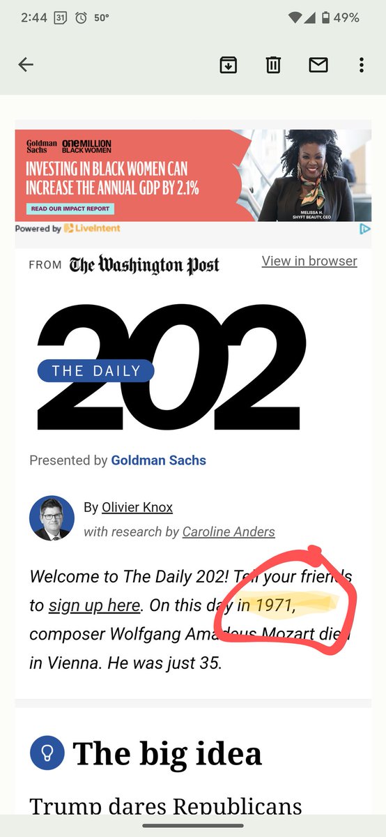 davepeaceful's tweet photo. Well... That's awkward. Mozart died in 1791 (not 1971). 

I thought I was really confused with my history... But it turns out that it's on #washingtonpost and I'm not crazy. https://t.co/wcnO96VBQ5