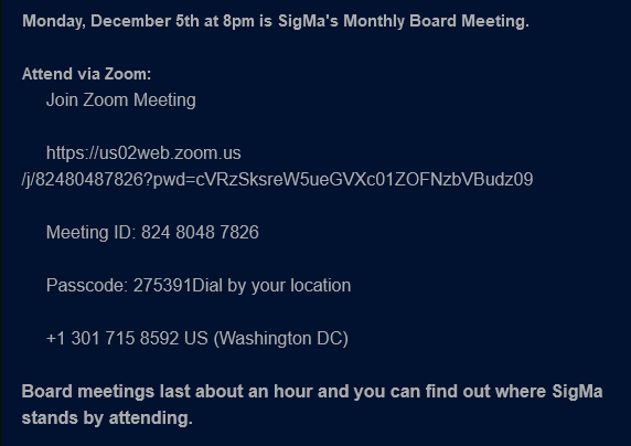 SigMaDMV's tweet photo. Join our monthly SigMa Board meeting at 8:00 p.m. https://t.co/ScDyNIS9TD