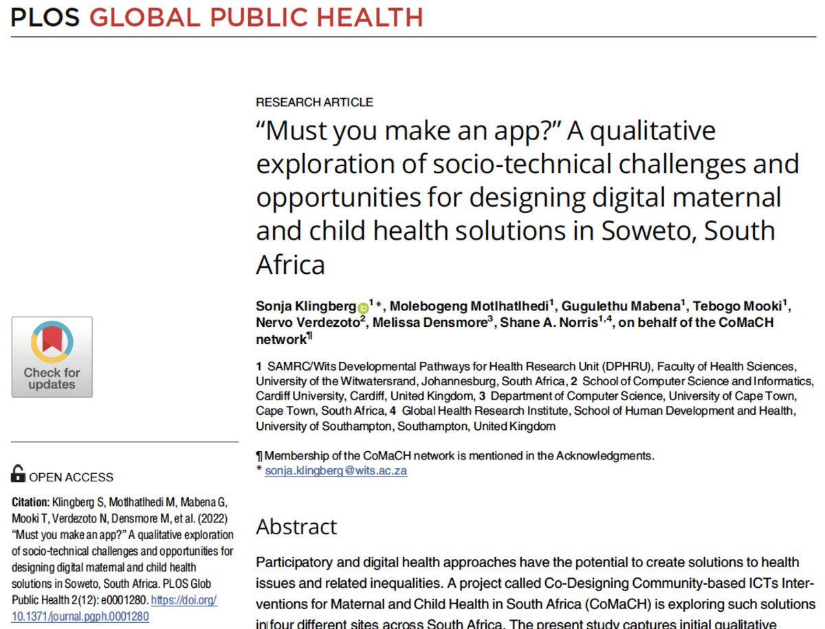 Nervo Xavier Verdezoto (@nervoxavier) on Twitter photo “Must you make an app?” A qualitative exploration of socio-technical challenges & opportunities for designing digital maternal& child health solutions in Soweto,SA is now online at <a href="/PLOSGPH/">PLOS Global Public Health</a> #PLOSGlobalPublicHealth -CoMaCH project funded by <a href="/UKRI_News/">UK Research and Innovation</a> <a href="/GCRF/">Global Challenges Research Fund (GCRF)</a>
doi.org/10.1371/journa… “Must you make an app?” A qualitative exploration of socio-technical challenges & opportunities for designing digital maternal& child health solutions in Soweto,SA is now online at <a href="/PLOSGPH/">PLOS Global Public Health</a> #PLOSGlobalPublicHealth -CoMaCH project funded by <a href="/UKRI_News/">UK Research and Innovation</a> <a href="/GCRF/">Global Challenges Research Fund (GCRF)</a>
doi.org/10.1371/journa…
