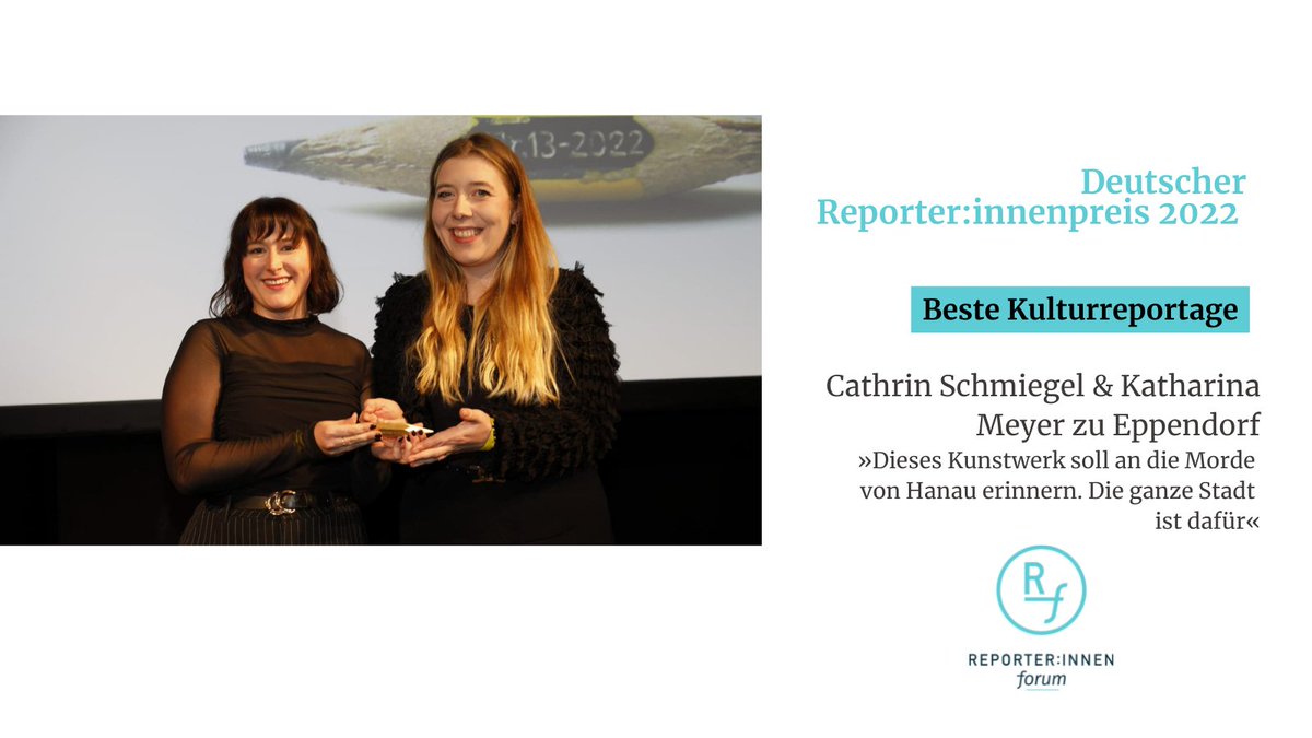 Der Preis für die beste Kulturreportage geht an <a href="/CathSchmiegel/">Cathrin Schmiegel</a> &amp; <a href="/kmeyzepp/">Katharina Meyer zu Eppendorf</a> für die Geschichte eines Kunstwerks, das an die Morde von Hanau erinnern soll - aber nie gebaut wird 👉
reporterpreis.de/upload/dieses-…