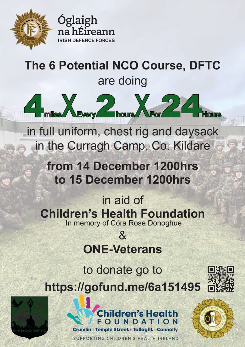 6th PNCO Cse will run 4 miles every 2 hrs’ for a 24 hr period, 14th Dec 22

Young leaders leading the way for 2x very worthy charities. All donations welcome, 🤞 i can get down to join them for one of the legs!☘️🇮🇪☘️ 

Children’s Health Foundation &amp; ONE-gofund.me/278d2b90