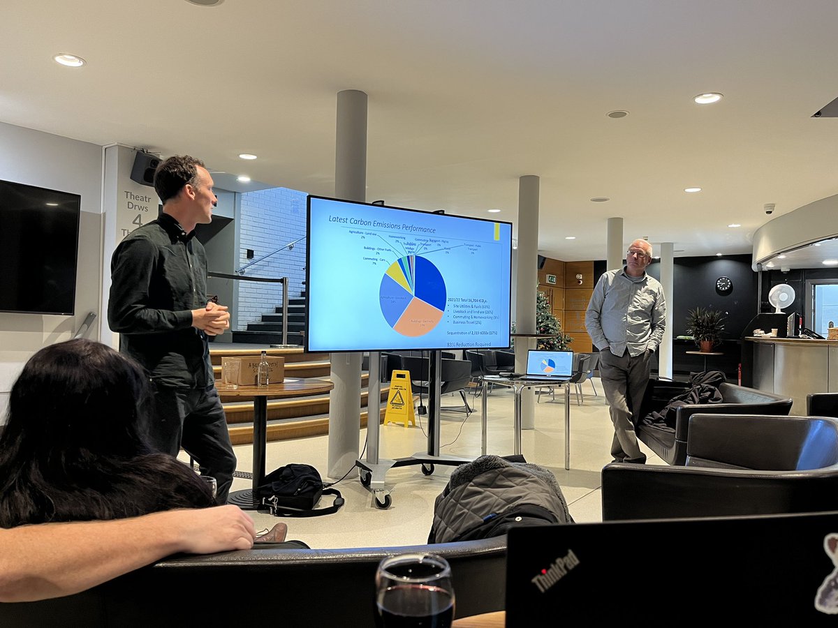 AberSciCaf's tweet photo. Neil and Dewi are talking us through the university’s plans for reducing he carbon footprint including electricity reduction, solar farm, tree planting on uni farmland, district heat network, and more. https://t.co/1sRkv2mGjy