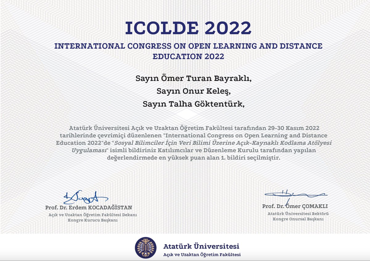 omer_bayrakli's tweet photo. ICOLDE 2022'de @Onr_Kls ve @TalhaGoktenturk ile birlikte sunduğumuz Sosyal Bilimciler için Veri Bilimi Üzerine Açık-Kaynaklı Kodlama Atölyesi Uygulaması çalışmamızın en iyi sunum ödülüne layık görülmesinden onur duydum. @dilatolyesii ailesinde bilime katkı sunmaya devam😊 (1/4) https://t.co/tXUnXCbmYW