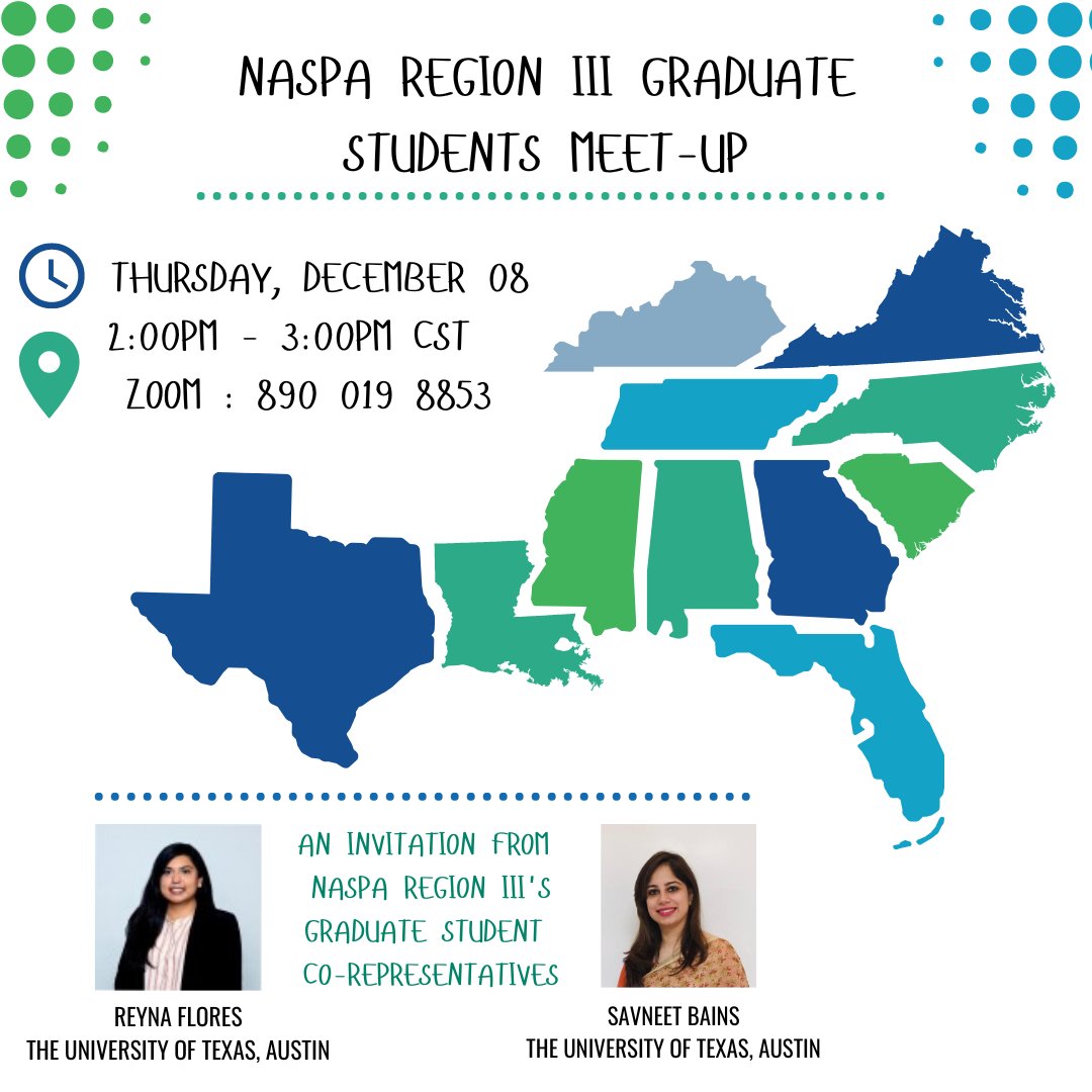 Please join NASPA Region III's Graduate Student Co-Representatives for a virtual meet-up on Thursday, December 8, from 2-3pm CST! This will be a great opportunity to chat with other graduate and professional students within NASPA Region III.