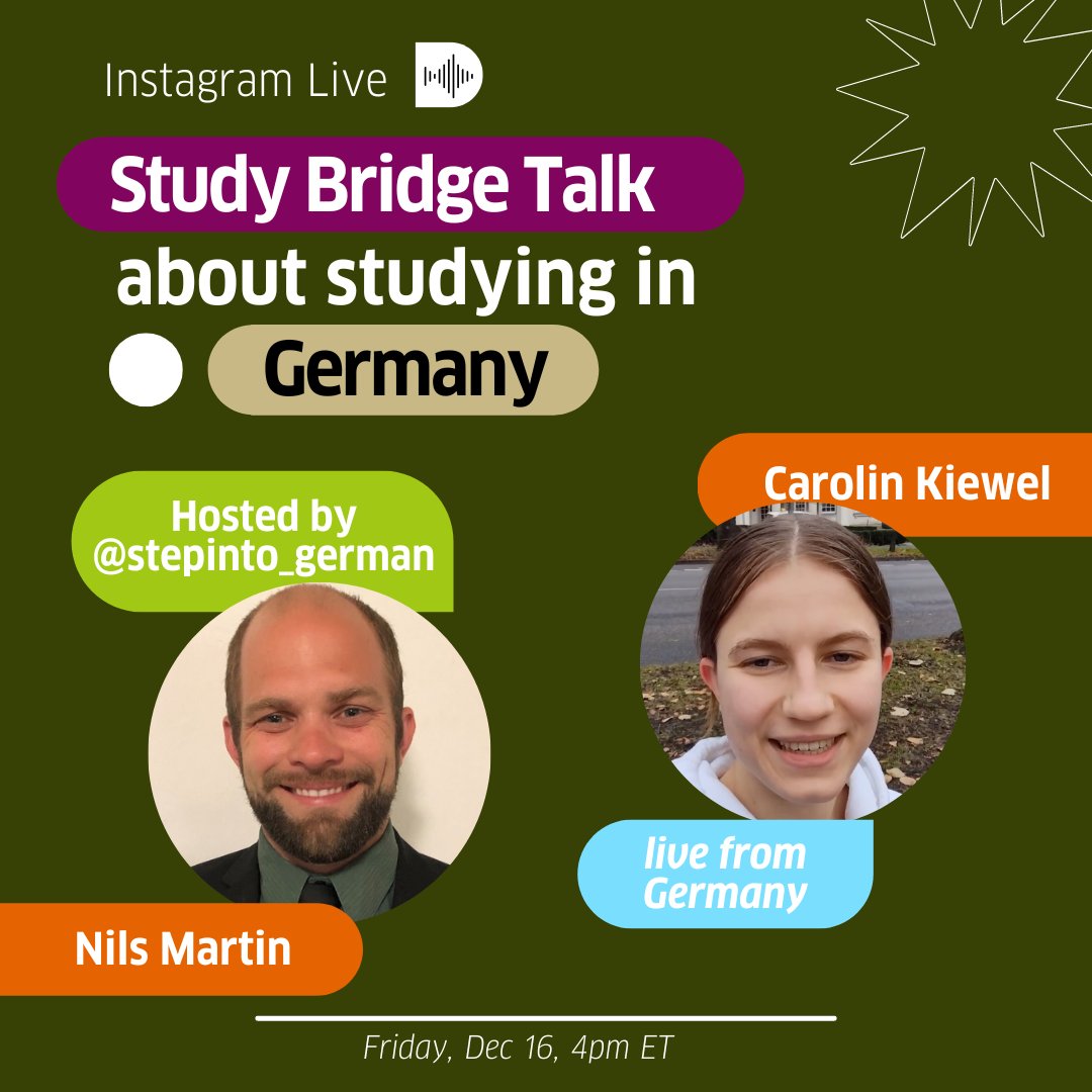 stepintogerman's tweet photo. What’s it like for a student from the U.S. to #studyinGermany? Study Bridge Alumna Carolin will tell you her story and answer your questions in our Study Bridge Instagram Live on @stepinto_German on Dec 16 at 4 pm ET. #stepintogerman #studybridgeUSA #goetheinstitut @AATGOnline https://t.co/1fCgkTYIQw