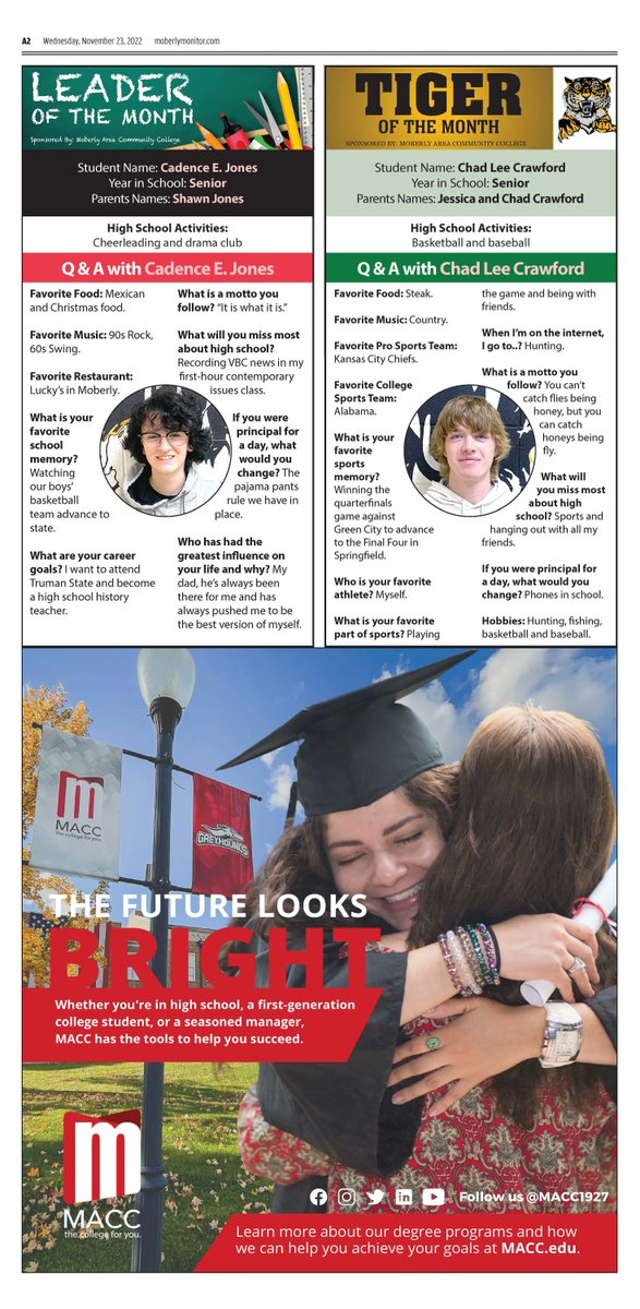 Moberly Monitor-Index (@moberlymonitor) on Twitter photo Congratulations to our November Students and Athletes of the Month from Moberly, Westran, Cairo and Higbee!!! Big thanks to sponsor <a href="/MACC1927/">MACC | The college for you.</a> for helping us put a spotlight on our area students.
See the digital feature: buff.ly/3Hcx9op Congratulations to our November Students and Athletes of the Month from Moberly, Westran, Cairo and Higbee!!! Big thanks to sponsor <a href="/MACC1927/">MACC | The college for you.</a> for helping us put a spotlight on our area students.
See the digital feature: buff.ly/3Hcx9op