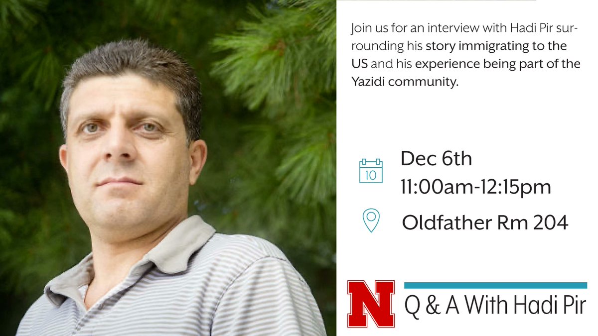 UNL Human Rights (@hrha_unl) on Twitter photo Join us tomorrow, December 6th, to listen to Hadi Pir share his amazing story surrounding his migration to the US and his experiences as a Yazidi refugee. Refreshments provided! Join us tomorrow, December 6th, to listen to Hadi Pir share his amazing story surrounding his migration to the US and his experiences as a Yazidi refugee. Refreshments provided!
