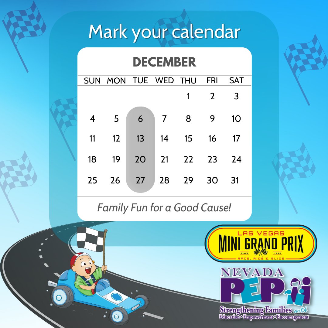 NevadaPEP's tweet photo. Every Tuesday in December, you can support Nevada PEP by heading to Las Vegas Mini Grand Prix and having some family fun for a good cause!

@LVMiniGranPrix is located at 1401 Rainbow Blvd. Las Vegas, NV 89108

#familyfun #gokart #lasvegas #lvmgp #vegas #vegaskids #nevadapep https://t.co/l7EJY348Yf