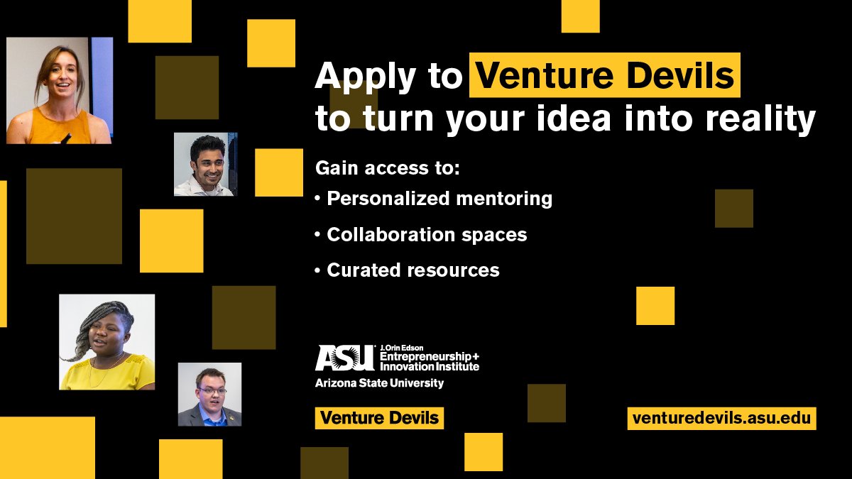 EntrepreneurASU's tweet photo. Ready to get your startup venture not only off the ground but flying high? Whether you are an @ASU student, faculty or staff, #VentureDevils offers the resources to catalyze your success.
More info: https://t.co/VmGGLYKDEl #Entrepreneurship #Innovation https://t.co/yaxd3ghLKj