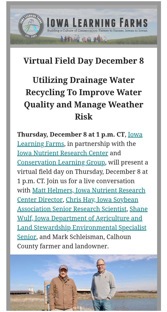 Attention!! Virtual field day! December 8th with the amazing <a href="/chrishhay/">Chris Hay</a> and wonderful <a href="/ISUAgWaterMgmt/">Matt Helmers</a>! Don't miss it! #coolthingstotell