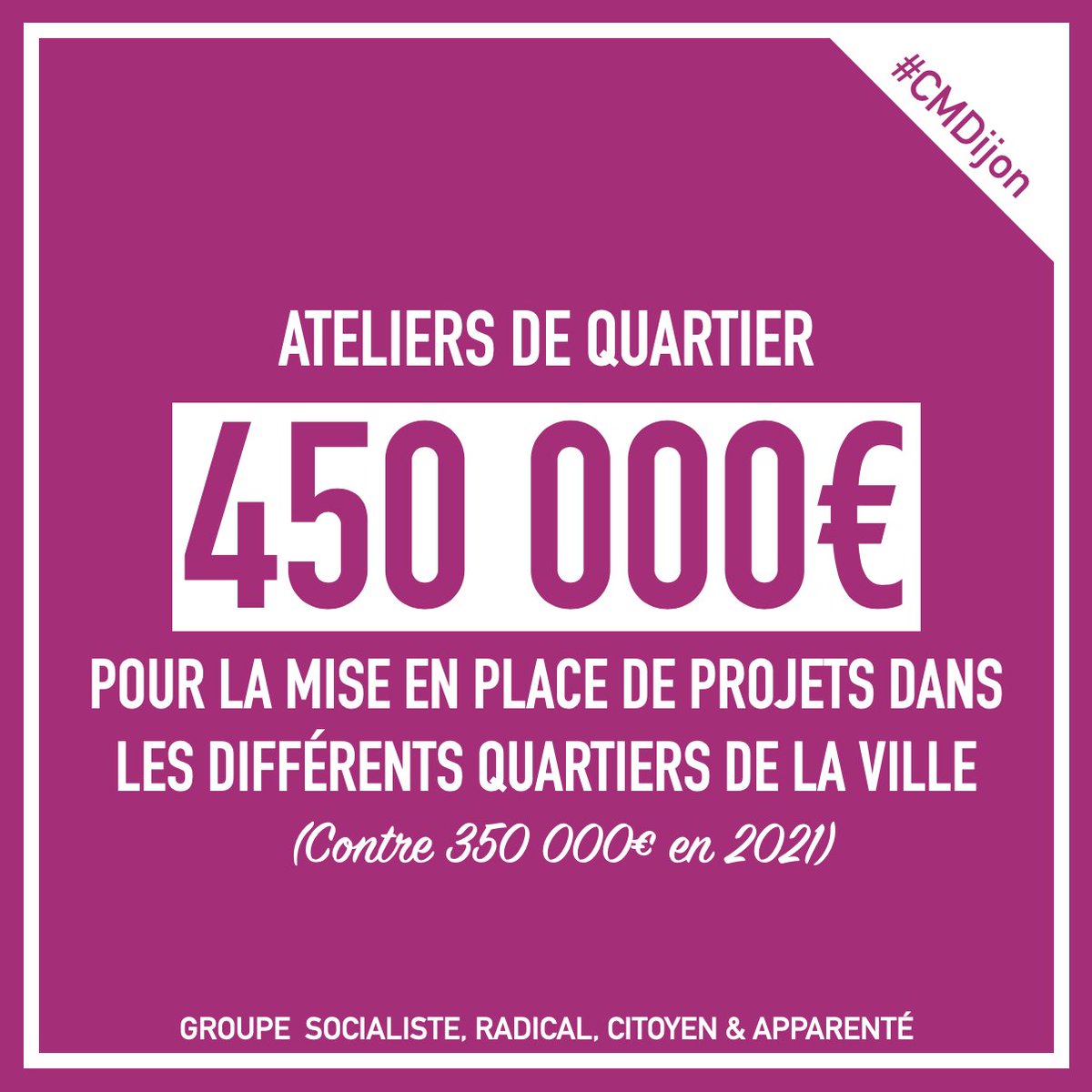 Attachés à la démocratie locale, pour financer l’ensemble des projets des Ateliers de quartier, une enveloppe globale de 450.000€ est mise à disposition des habitants (soit 50 000€ par quartier).

#CMDijon #Dijon