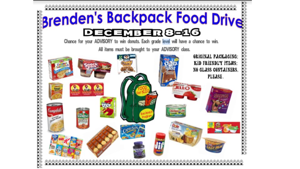 It's the GIVING season! Let's show our support for Brenden's Backpack Program! Bring in donations to your Advisory teacher between Dec. 8-16. <a href="/WMSowls/">WMS Owls</a> #WindsorWay