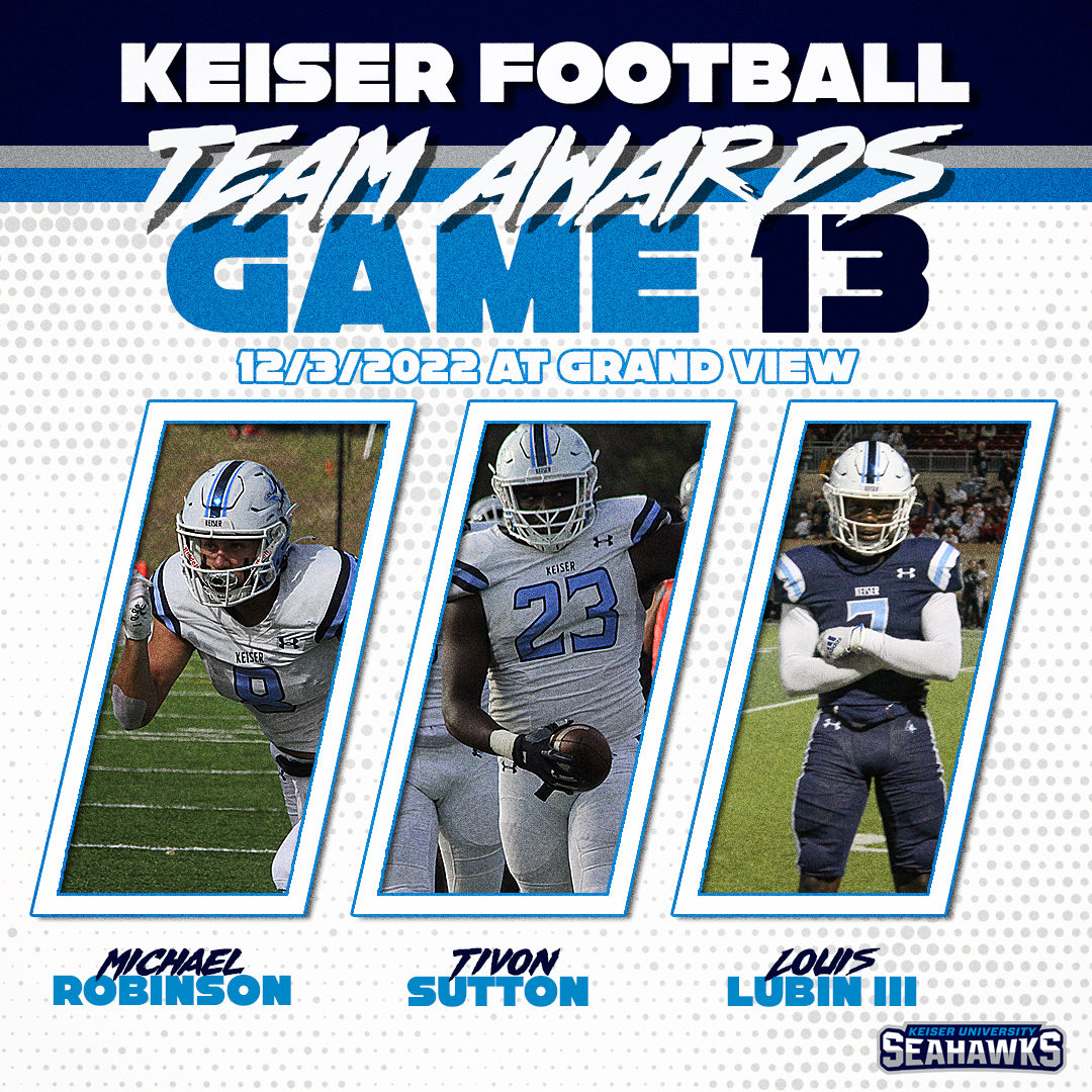 🏈 𝗧𝗲𝗮𝗺 𝗔𝘄𝗮𝗿𝗱𝘀 - 𝗚𝗮𝗺𝗲 1️⃣3️⃣

𝗢𝗳𝗳𝗲𝗻𝘀𝗲
M. Robinson - 2 catches, 114 yds, 2 TDs 
𝗗𝗲𝗳𝗲𝗻𝘀𝗲
T. Sutton - 1 tackle, 1 interception - 36-yard return
𝗦𝗽𝗲𝗰𝗶𝗮𝗹 𝗧𝗲𝗮𝗺𝘀
Trey Lubin - 3 tackles, 1 KO return 48 yds
#DefendtheBeach #SeahawkFast