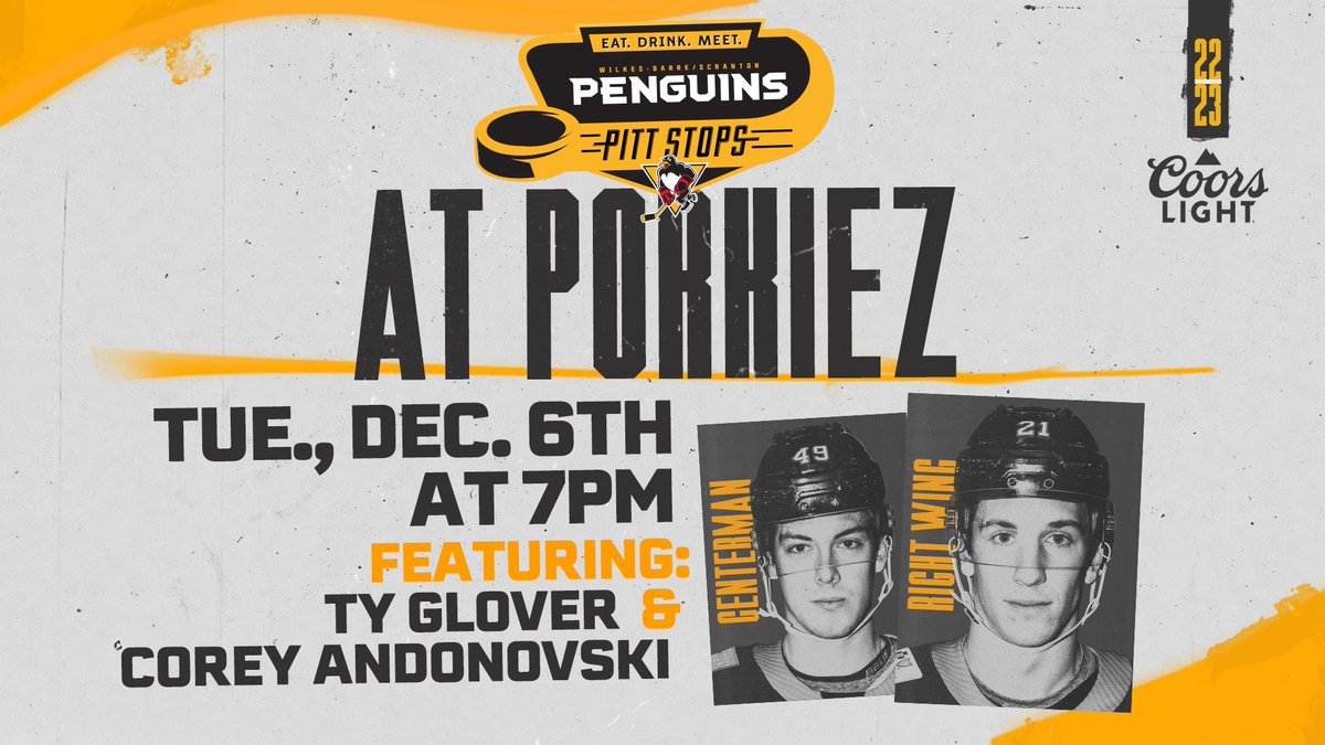 WBSPenguins's tweet photo. We've got a pair of big #WBSPens events tomorrow! 

First, visit Sam Poulin at @EleventhElemen1 (Special Info Here:  https://t.co/49fXEwCrXN)

Then, head on up to Throop to meet Corey Andonovski and Ty Glover (https://t.co/E9hei3OhTu) https://t.co/476ZHP2sJo