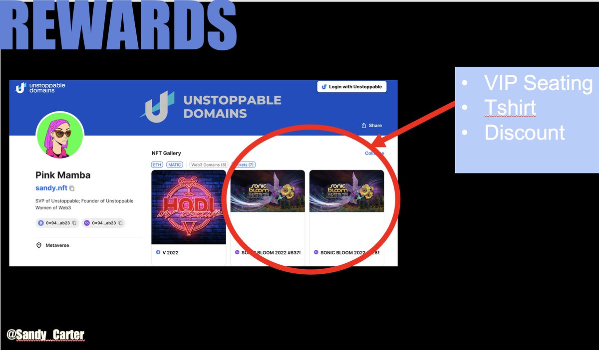 sandy_carter's tweet image. I'm loving this use case with @unstoppableweb and @RelicTickets 

- Store tickets inside of your #Unstoppable Profile 
- These show Proof of Attendance 
- You can earn #rewards for attending certain events 

How cool!   A #web3 rewards use case!!   #cmo #event #reward