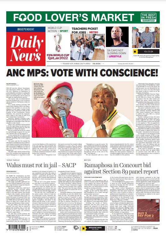 DailyNewsSA's tweet photo. Our front page on December 6, 2022 #CyrilRamphosa #ANC #ANCMPs #JuliusMalema #GBV #Rape https://t.co/6JOV4UmSXb