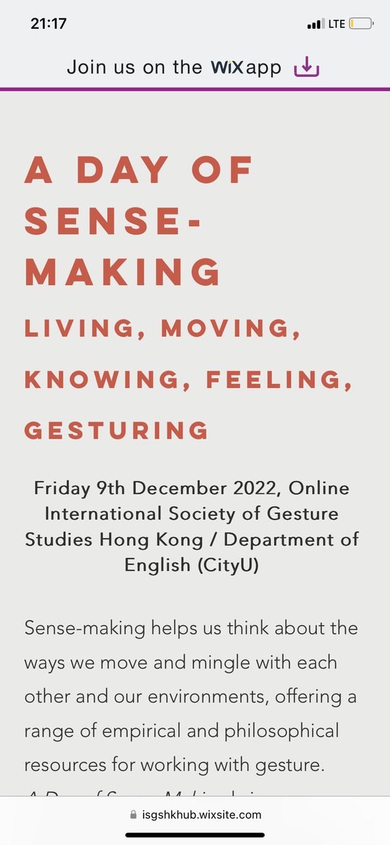 The Isgs Hub Hongkong is holding an online workshop on Friday 9th of December with Alan Cienki, <a href="/handandmind/">Simon Harrison</a> <a href="/SilvaLadewig/">Silva Ladewig</a>, Elena Cuffari among others

isgshkhub.wixsite.com/home/about-6