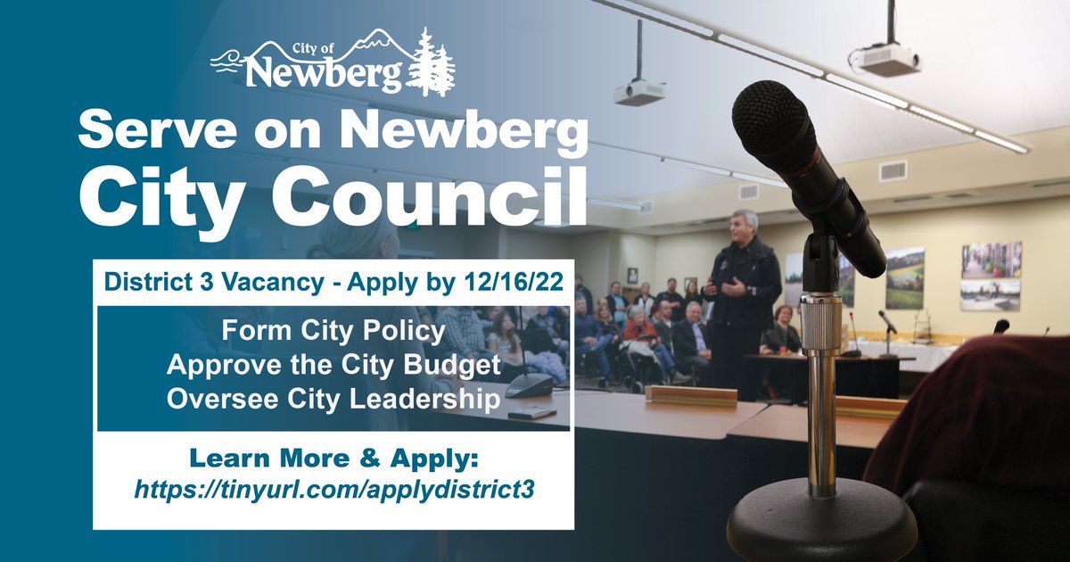 There's still time to apply! Join City Council 🏛
Now accepting applications to fill the District 3 position vacancy.
Application Deadline: 12/16/22 by 5pm
Learn more and apply, visit:
newbergoregon.gov/citycouncil/pa…