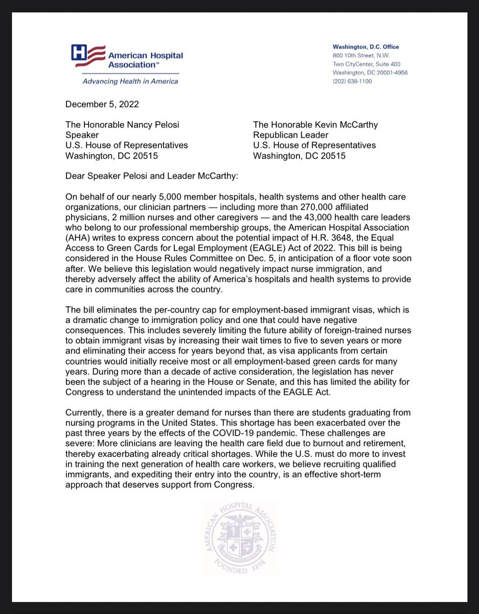 PabloReports's tweet photo. NEW: @ahahospitals comes out AGAINST #EagleAct ... writes letter to Pelosi &amp; McCarthy, cc Nadler &amp; Jordan. https://t.co/TAC2GRfoLJ